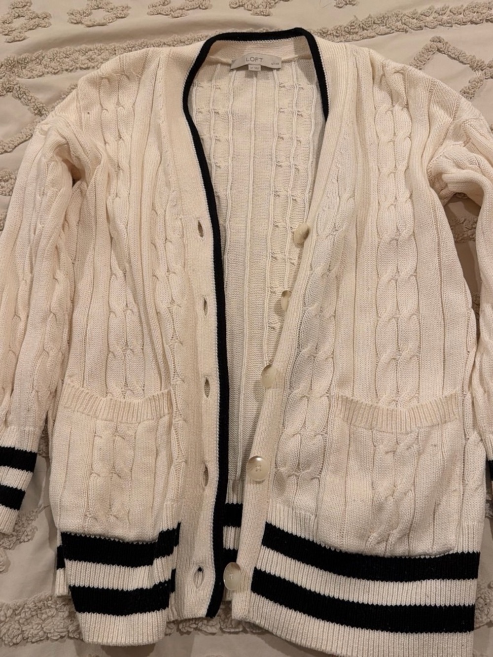 LOFT Cream Cable Knit Cardigan with Black Stripe Trim
